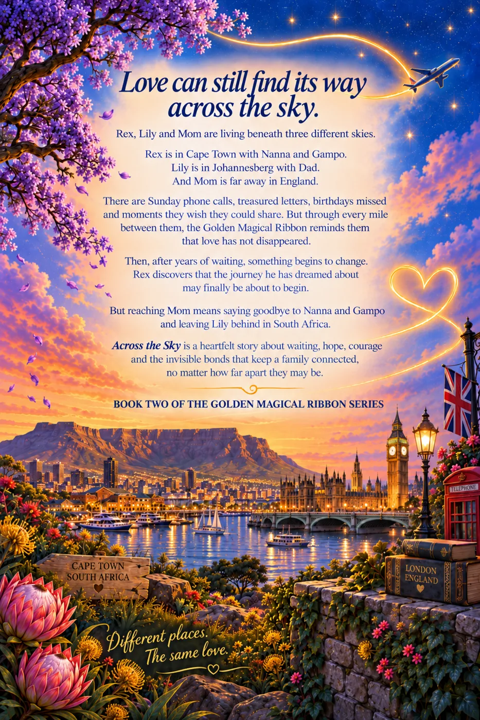 Back cover of Across the Sky headed Love can still find its way across the sky, with Cape Town on one side and Big Ben and a red phone box on the other